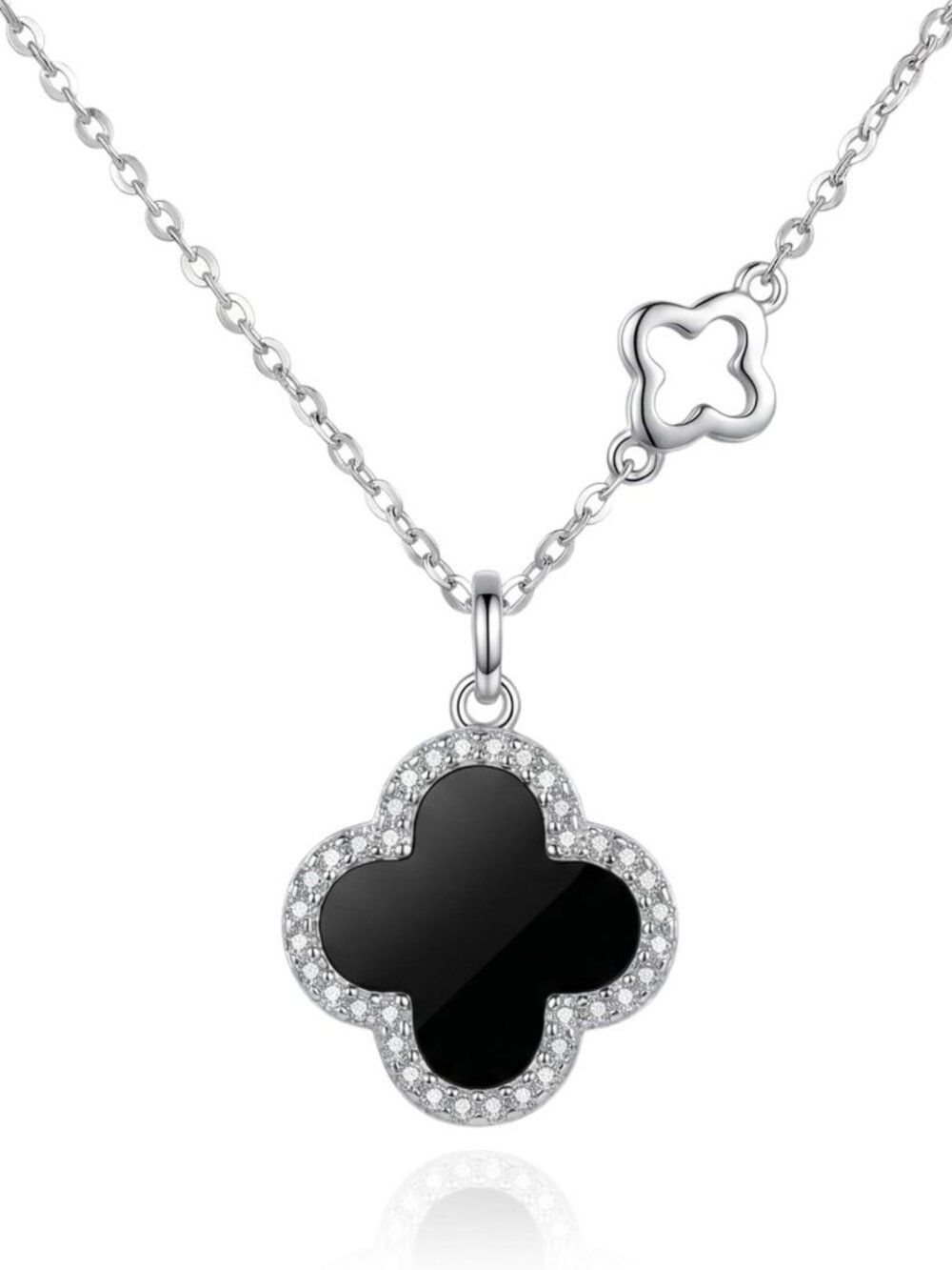 Four Leaf Clover Necklace, 925 Sterling Silver, Red/Black Agate Pendant, CZ Edge